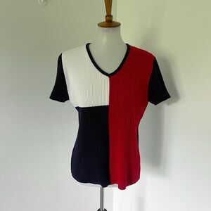 Vintage Ribbed V-Neck Colorblock Knit Sweater Top Shirt Tee Acrylic Red Blue